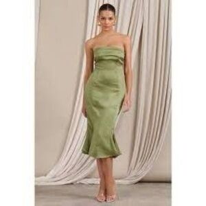 Club L London Sauvignon Olive Satin Bandeau Midi Dress